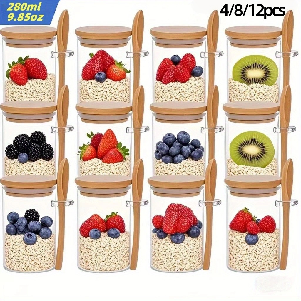 Glass Meal Prep Container - 4/8/12 قطعة، أكواب إفطار الشوفان مع